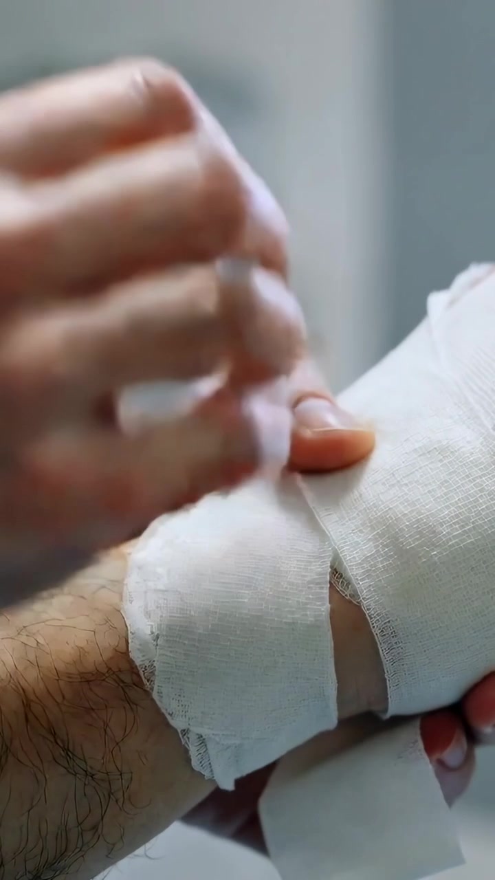 縦型動画：診療所で介助者が白いガーゼのロールを前腕に巻きつけ、手首を固定する様子。