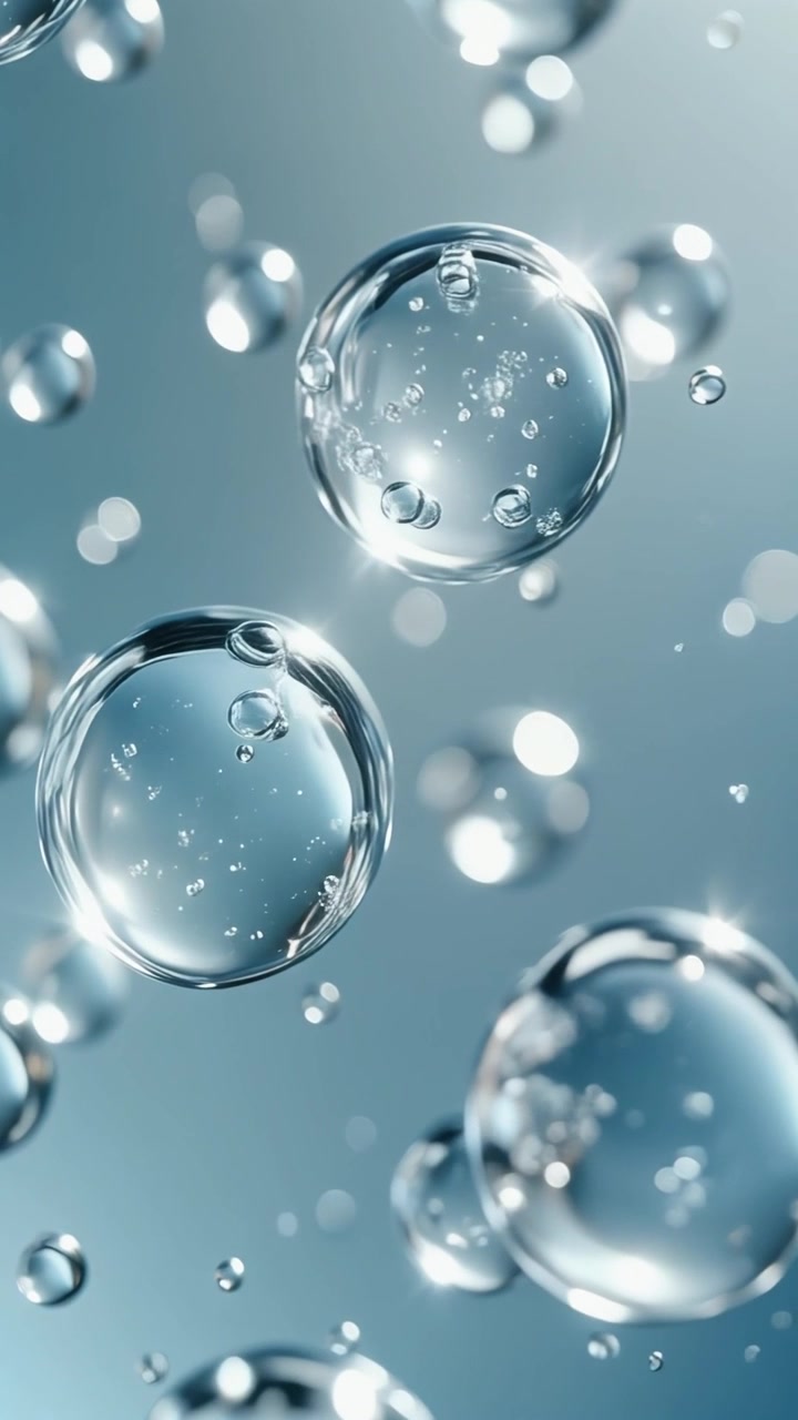 Burbujas de suero transparentes y brillantes flotando con reflejos de purpurina luminosa en estudio