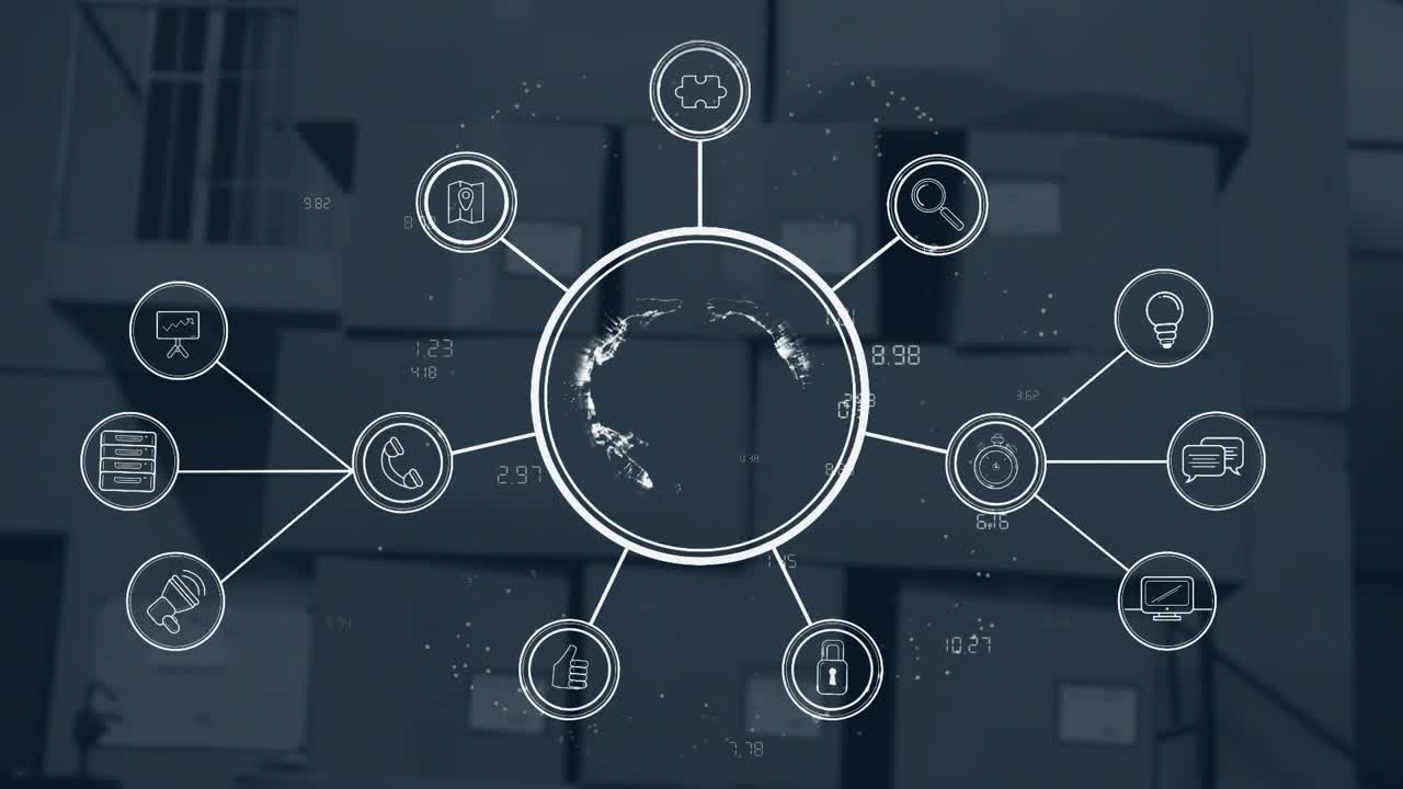 Glowing dot forming circle in warehouse, spinning globe and emitting icons retracting for data loop