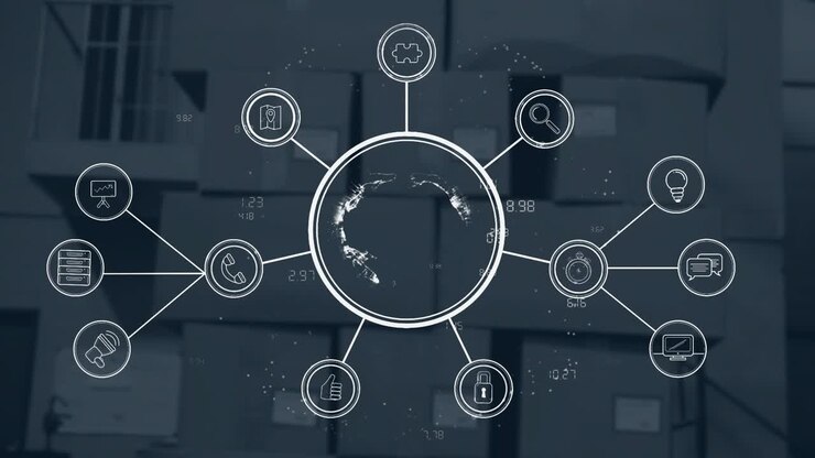 Lysende prik danner en cirkel i et lager, en roterende globus udsender ikoner, der trækker sig tilbage til en datasløjfe.
