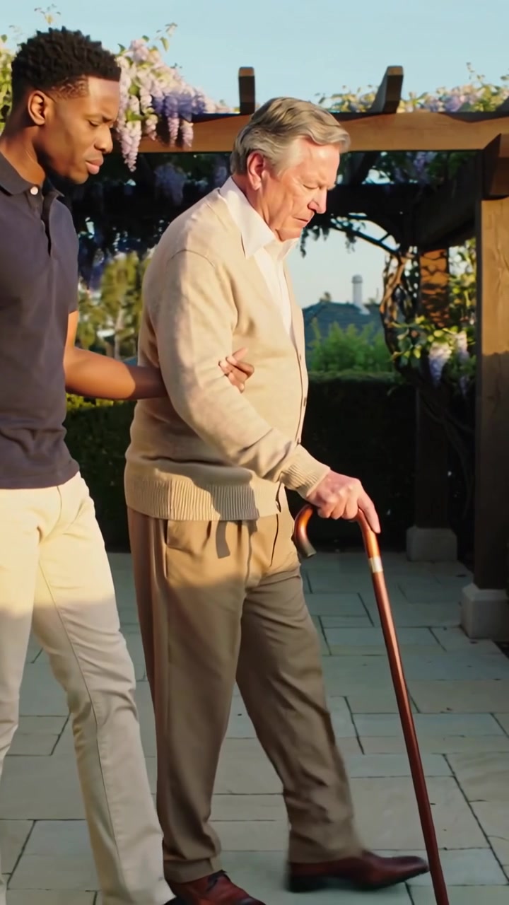 Video verticale: Anziano che entra da sinistra, usando un bastone, con una polo, su un patio con pergola viola e viti.
