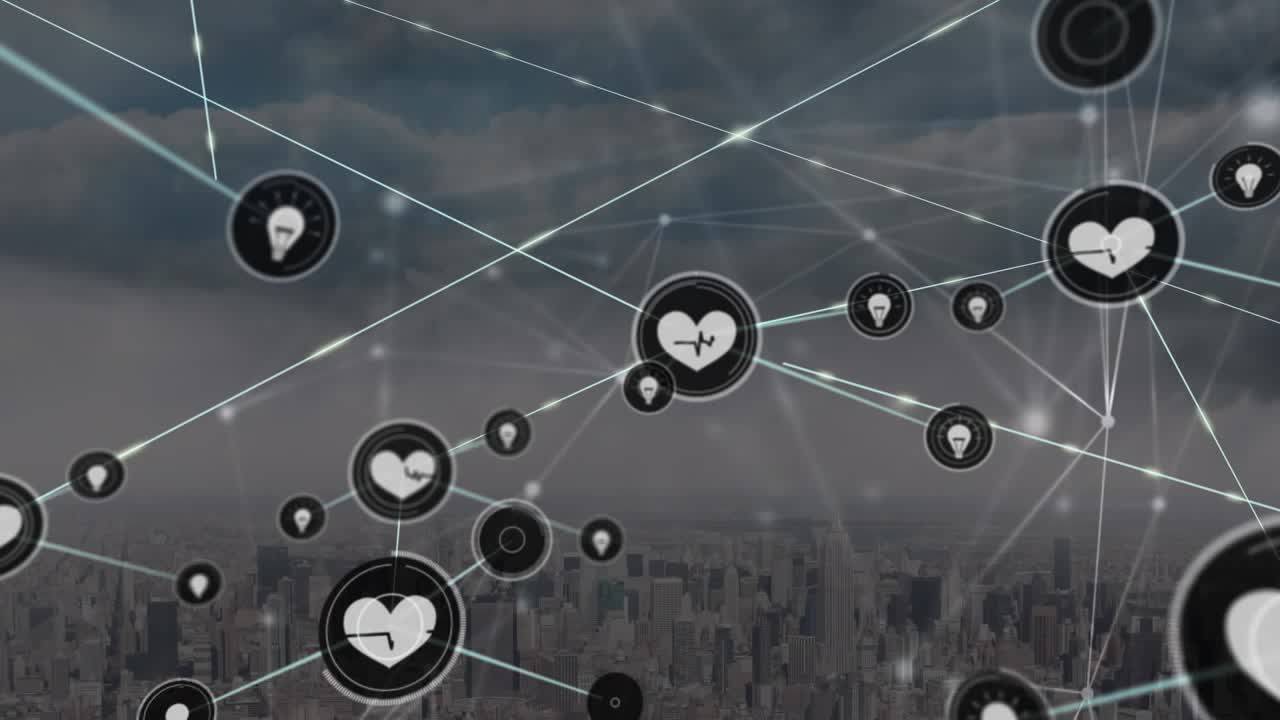 Animation of bulb and heart shape icons connected with lines over cityscape with cloudy sky