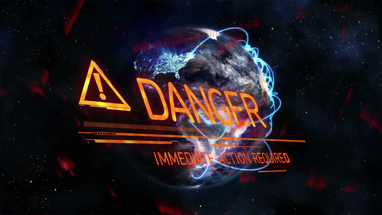 Danger warning and immediate action text over Earth in space animation