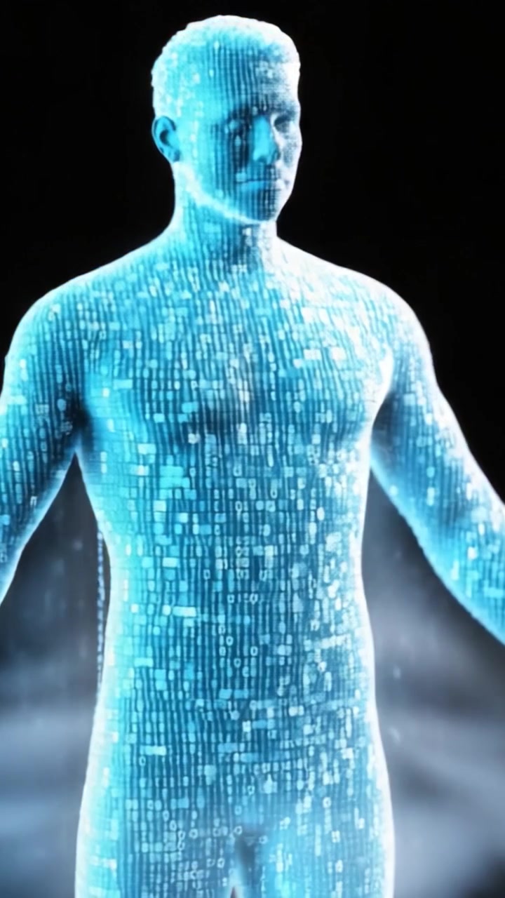 Una straordinaria rappresentazione della trasformazione digitale: una figura eterea composta da dati binari che codifica l'intersezione tra tecnologia e umanità.