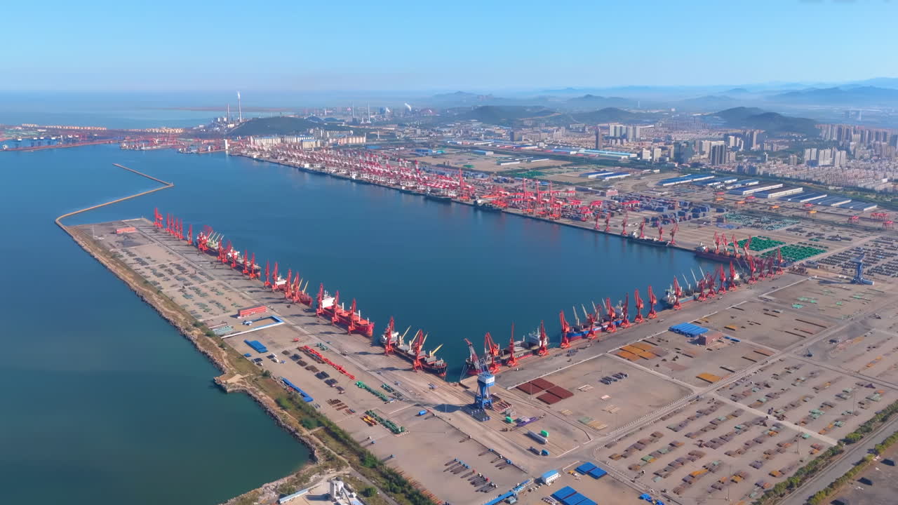 Aerial top view container ship import export logistic Global transportation business commercial port in deep sea load and unloading cargo by crane for distributing goods
