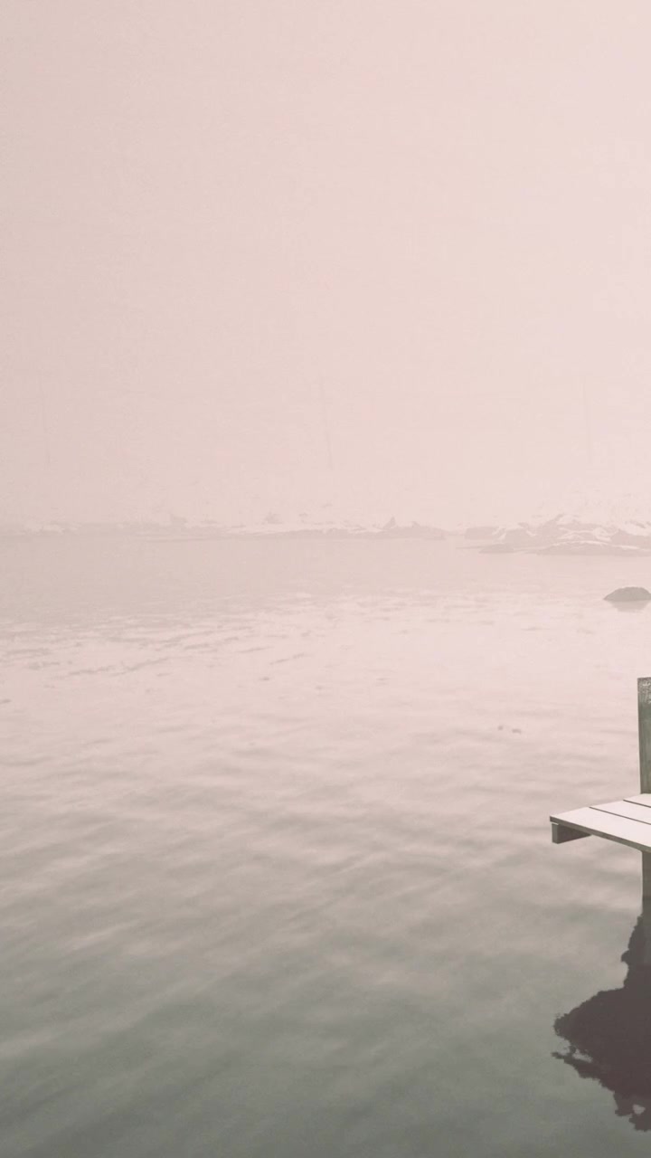 Fog covers a lake and shoreline in early morning light