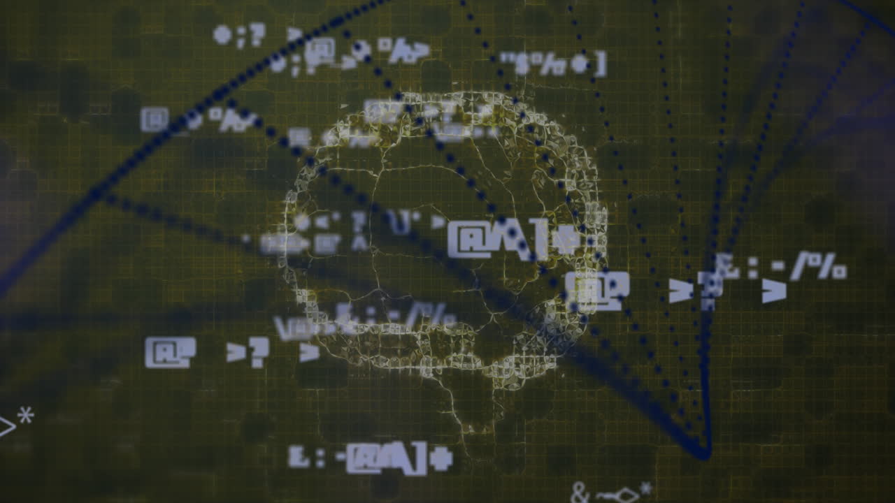 Mathematical symbols and molecular structures floating against spinning brain