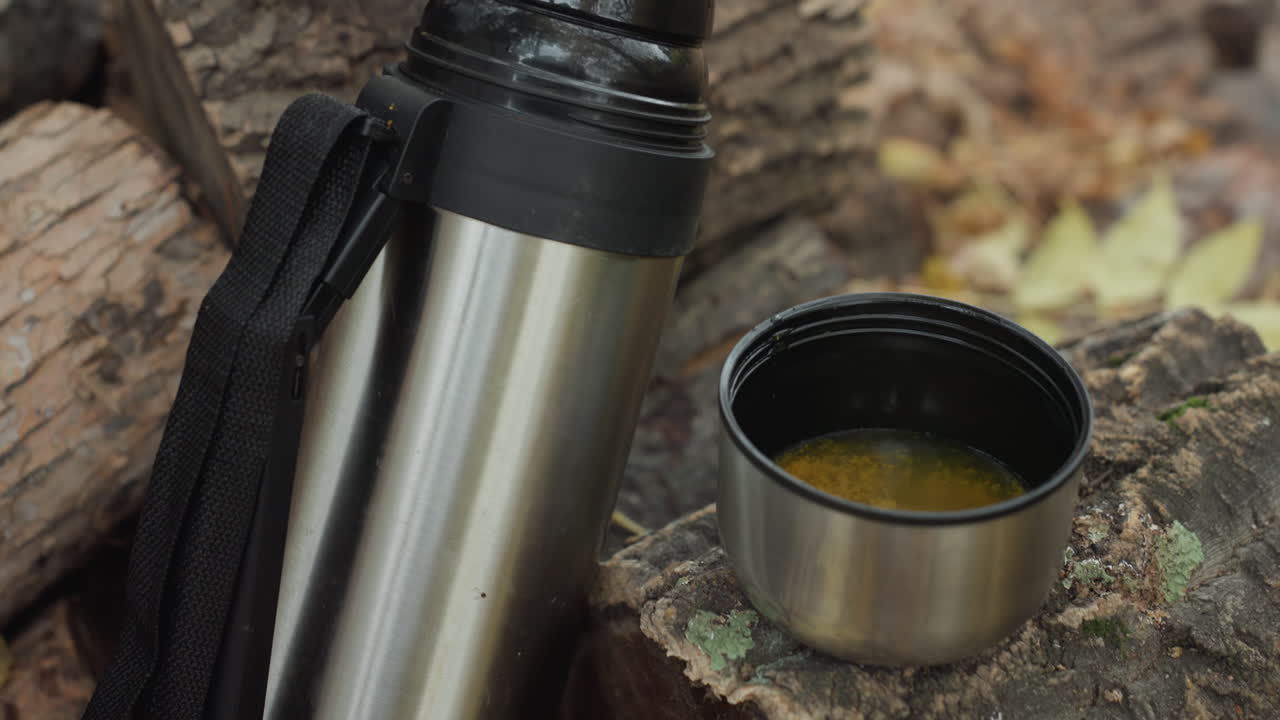 woman hiker hands reach for pie. steaming thermos poured into metal cup on mossy log, flaky homemade pie sliced by hand in clay dish, scattered autumn leaves, soft sweater sleeve, warm cozy picnic