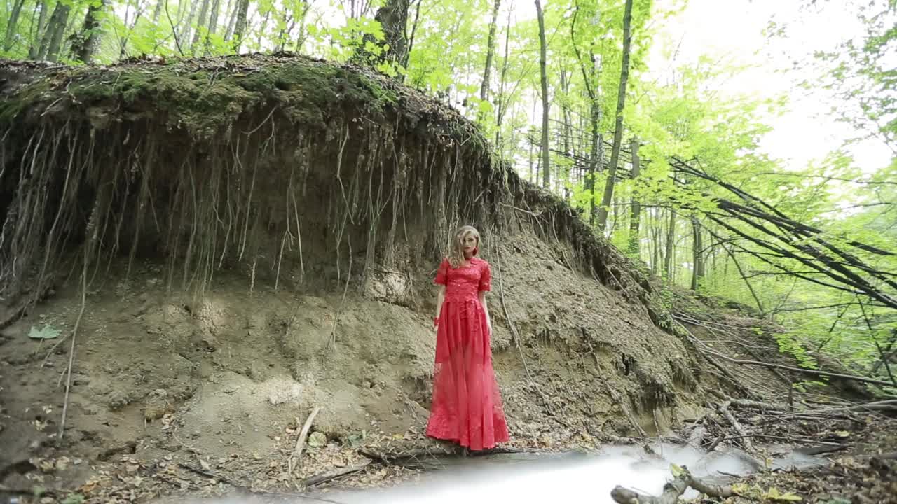 Young Woman Among Tree Roots. Young woman in long red dress among tree roots