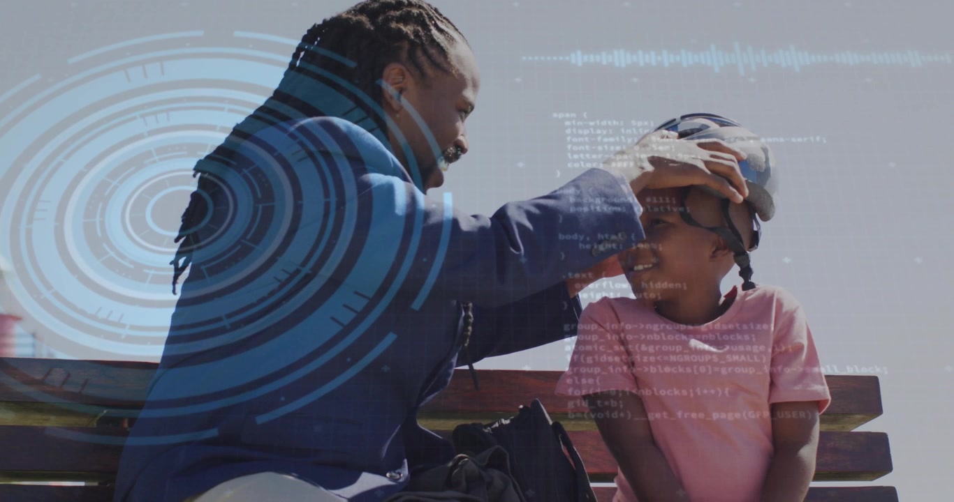 Caregiver lifting helmet and adjusting child's helmet fit on bench, HUD graphics tracking safety