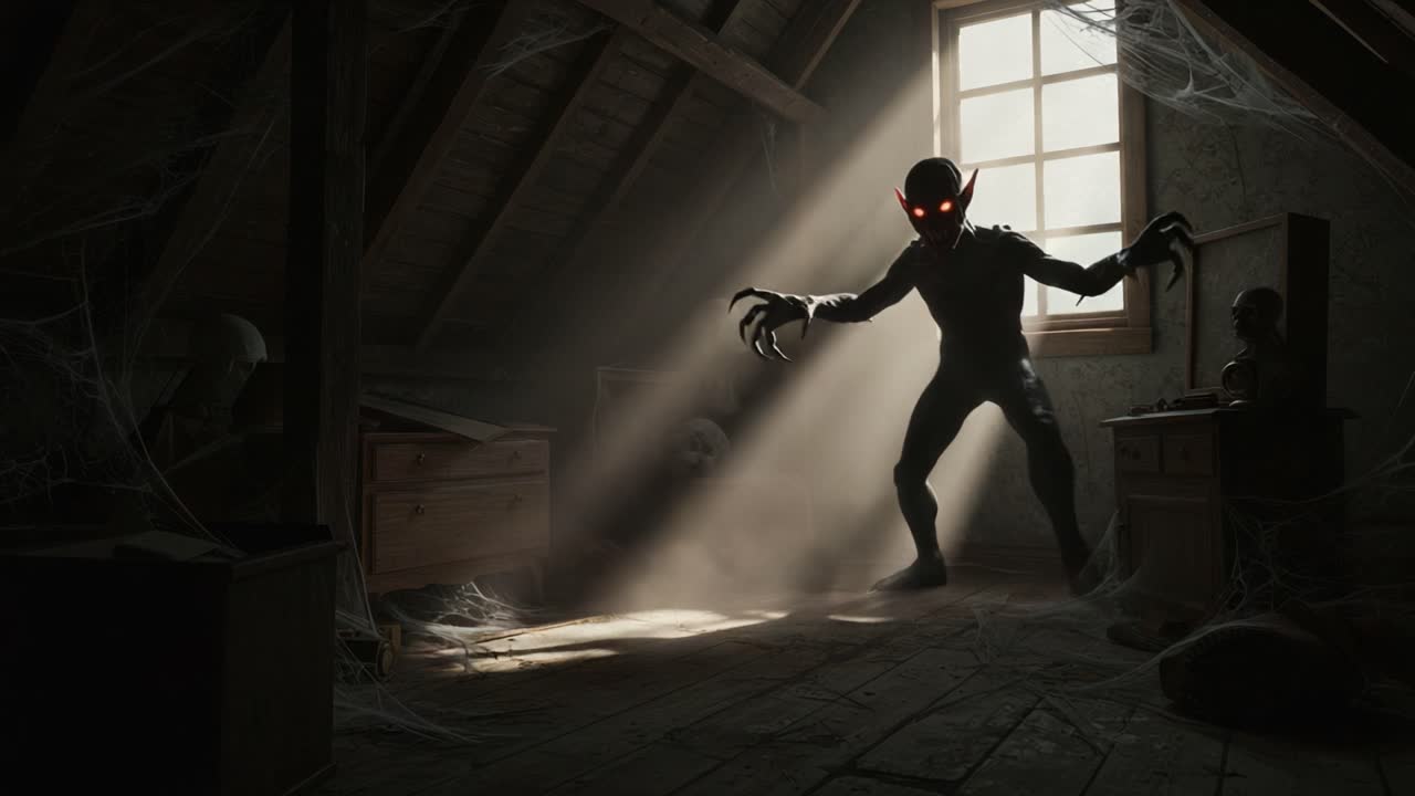 An Eerie Encounter in an Abandoned Attic: A Mysterious Shadowy Figure with Red Eyes in a Spider-Web-Laden Space Captivates with Its Gloomy Presence