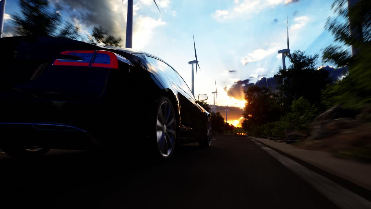 배경에 풍력 터빈을 가진 도로에서 일반적인 전기 자동차 드라이브의 3d 렌더링. 현실적인 3d 애니메이션