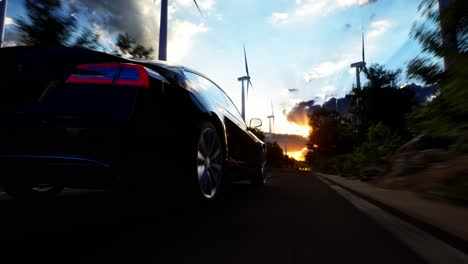 renderización 3d de coches eléctricos genéricos en una carretera con turbinas eólicas en el fondo. animación 3d realista