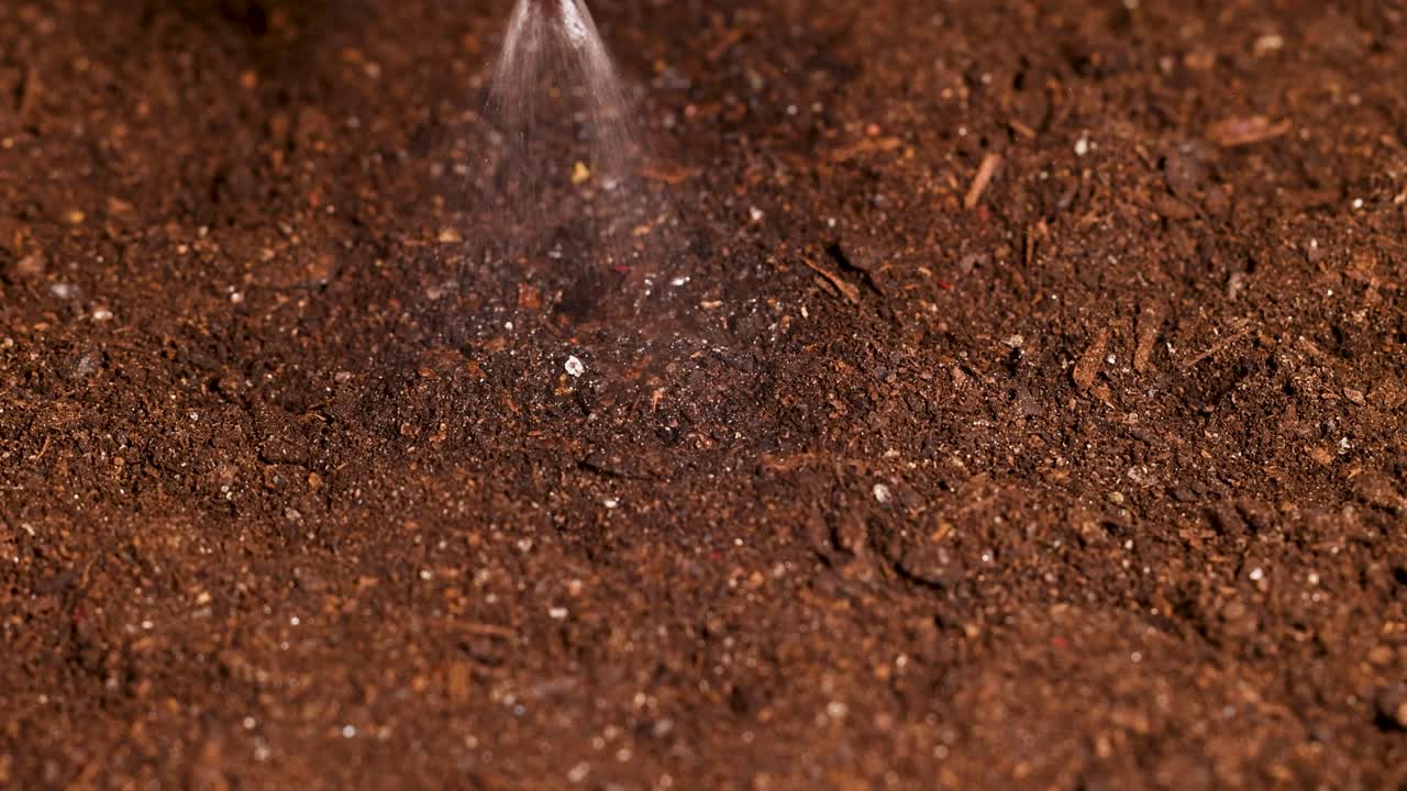 Una mano usa uno spruzzino per inumidire il terreno, dimostrando l'assorbimento dell'acqua in un ambiente controllato con illuminazione costante