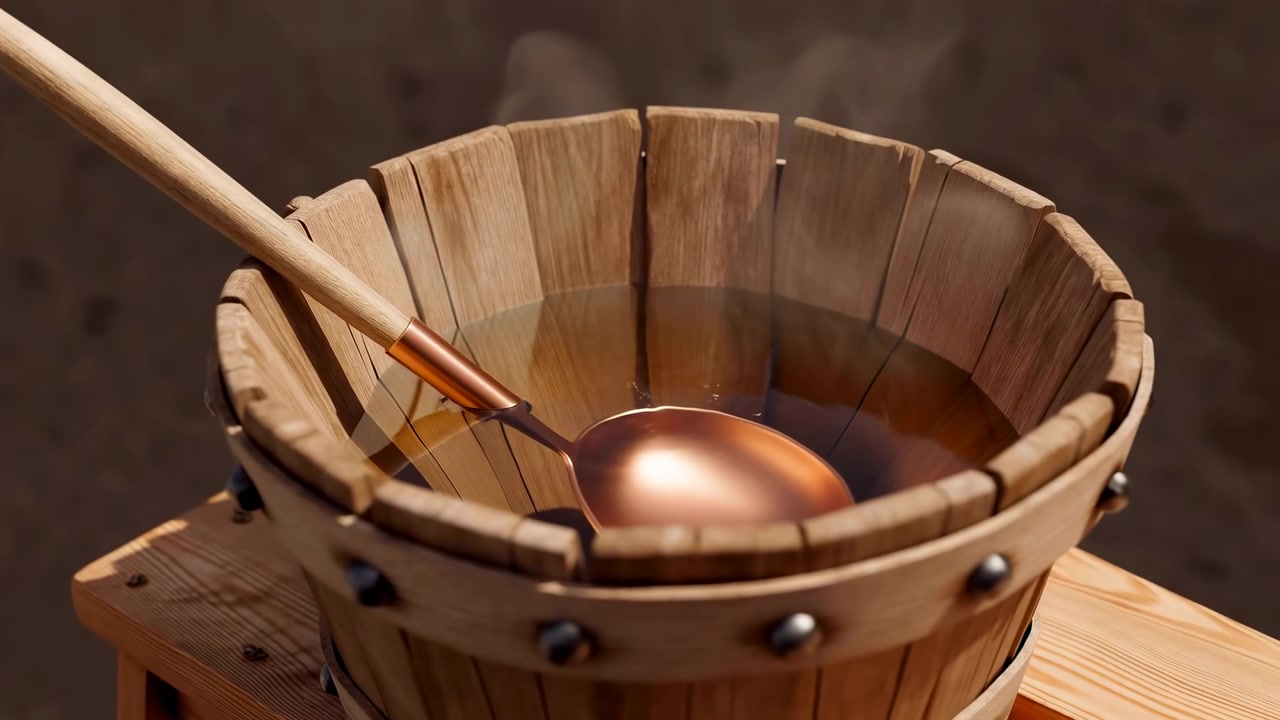 Rustic wooden bucket with copper ladle midsequence in traditional bath ritual showing paused scoop