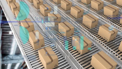 animation of statistics processing over cardboard boxes on conveyor belts in background