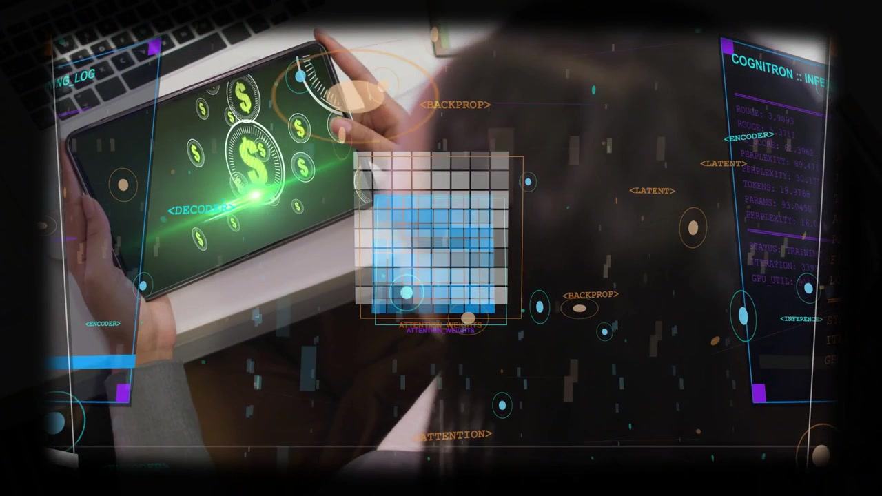 Adult woman tilting and tapping tablet on desk, showing finance HUD with rising green dollar icons