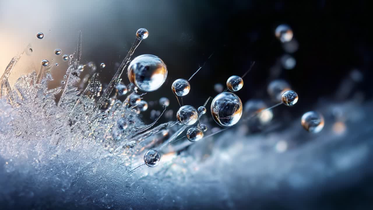 A Stunning Close-Up of Dew Drops on Frosty Grass, Capturing the Intricate Details of Nature's Artwork with Glimmering Water Spheres and Delicate Ice Crystals Shimmering in the Light
