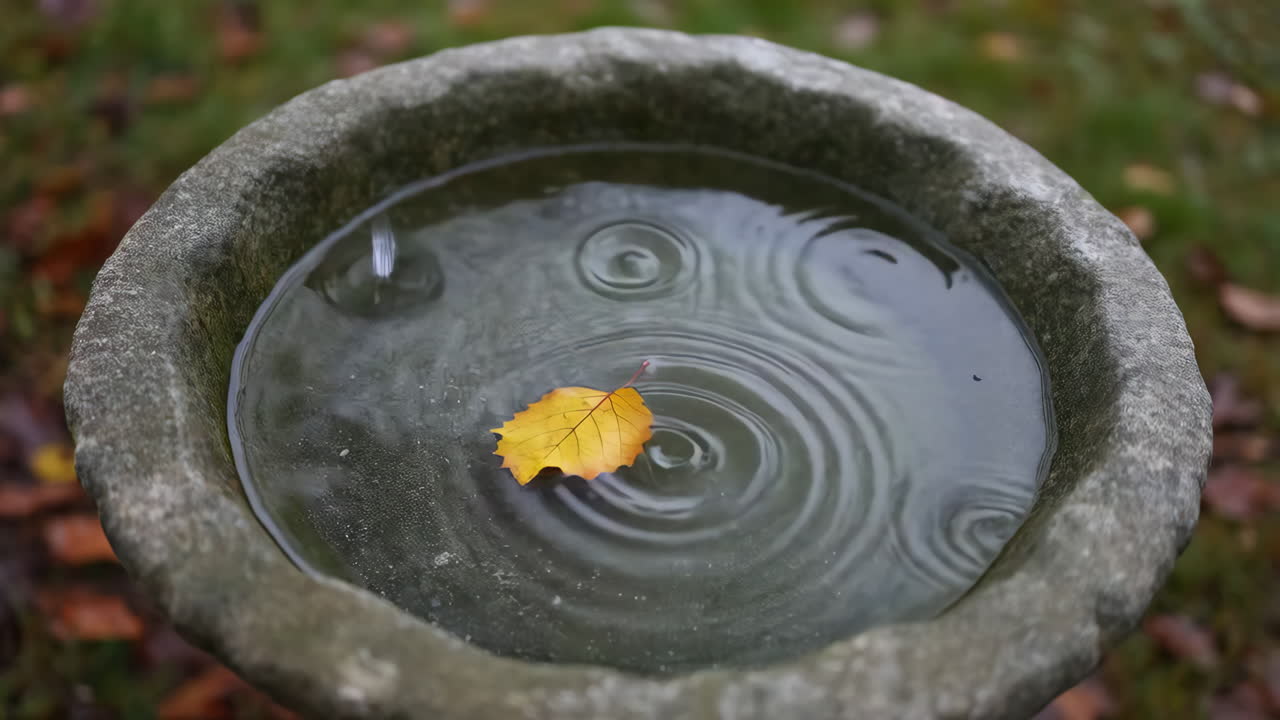 Autumn Leaf Floating in a Stone Bird Bath with Ripples