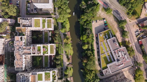 aerial view of urban cityscape with canal and green spaces