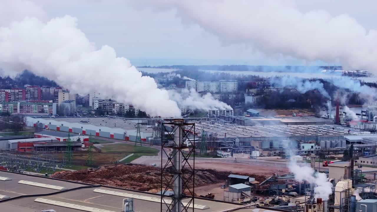 Drone captures pollution rising over Riga’s industrial zone near Baltic coast