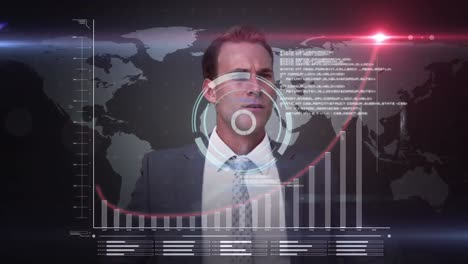 Animation-of-financial-data-processing-with-world-map-and-scope-scanning-over-caucasian-businessman