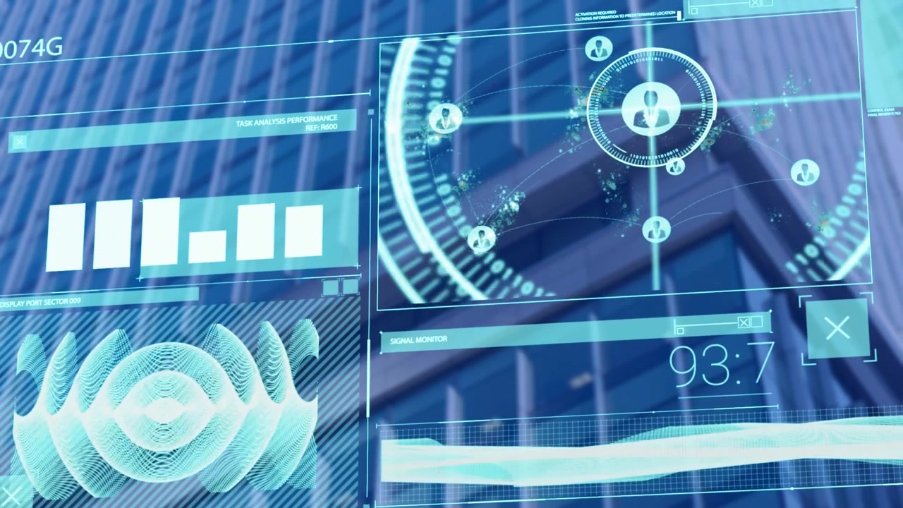 Animation of data processing over cityscape