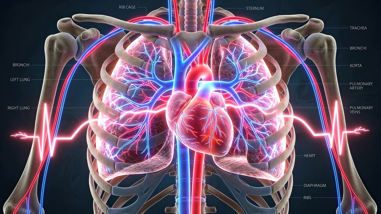 Animazione medica 3D del cuore umano e del sistema respiratorio