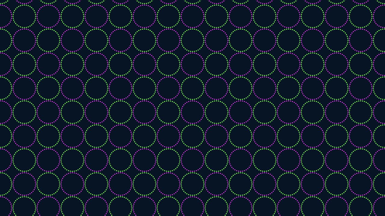 Abstract geometric background footage with repeating dotted circles in neon purple and green on dark backdrop, ideal for motion design, tech themes, and modern overlays