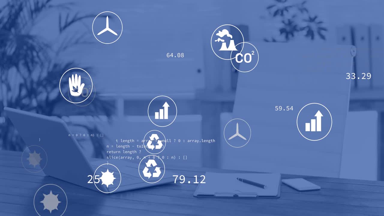 データ処理のアニメーションとデジタルアイコンがオフィスデスクのクローズアップビューに浮かんでいる