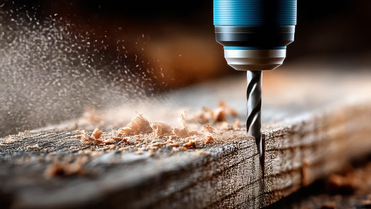 Nahaufnahme eines Bohrers in Aktion, der Späne aus einem Holzstück erzeugt, während Staub fliegt, was Präzision und Handwerkskunst in der Holzbearbeitung demonstriert.