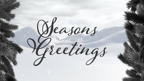 animation of seasons greetings text and snow falling over winter scenery