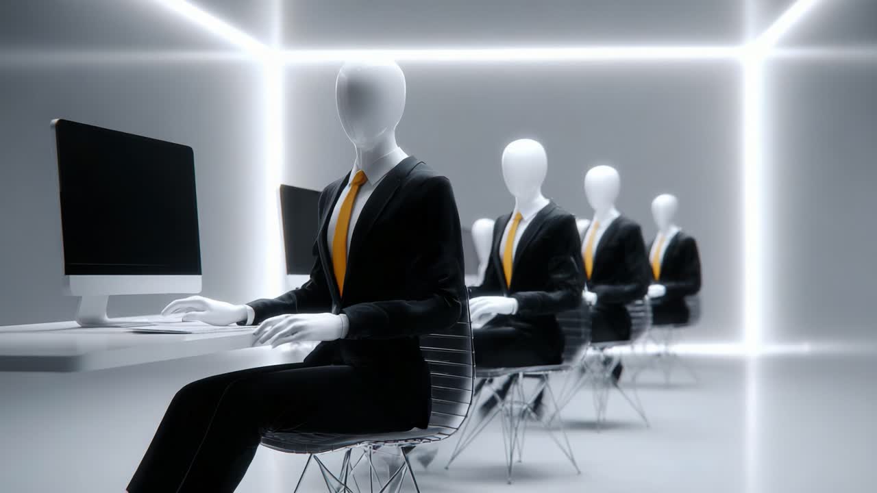 Futuristisk kontoroppsett med mannequiner i dresser ved datamaskiner, som viser en minimalistisk design med elegant, hvit belysning og moderne estetikk overalt