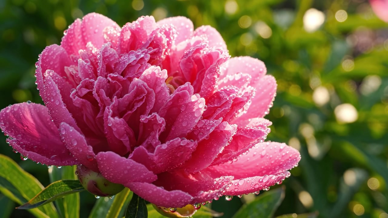Une pivoine rose éclatante avec des gouttes de rosée capturées dans la lumière du matin, mettant en valeur la beauté de la nature et les détails complexes des pétales dans un cadre de jardin serein.