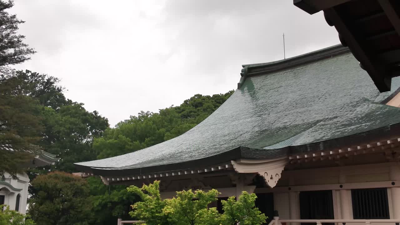 Roofline of Gotokuji Buddhist Temple pagoda Setagaya ward Tokyo, Japan rain