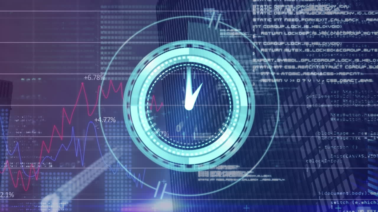 Animazione di orologio in rapido movimento e elaborazione dati su paesaggio urbano