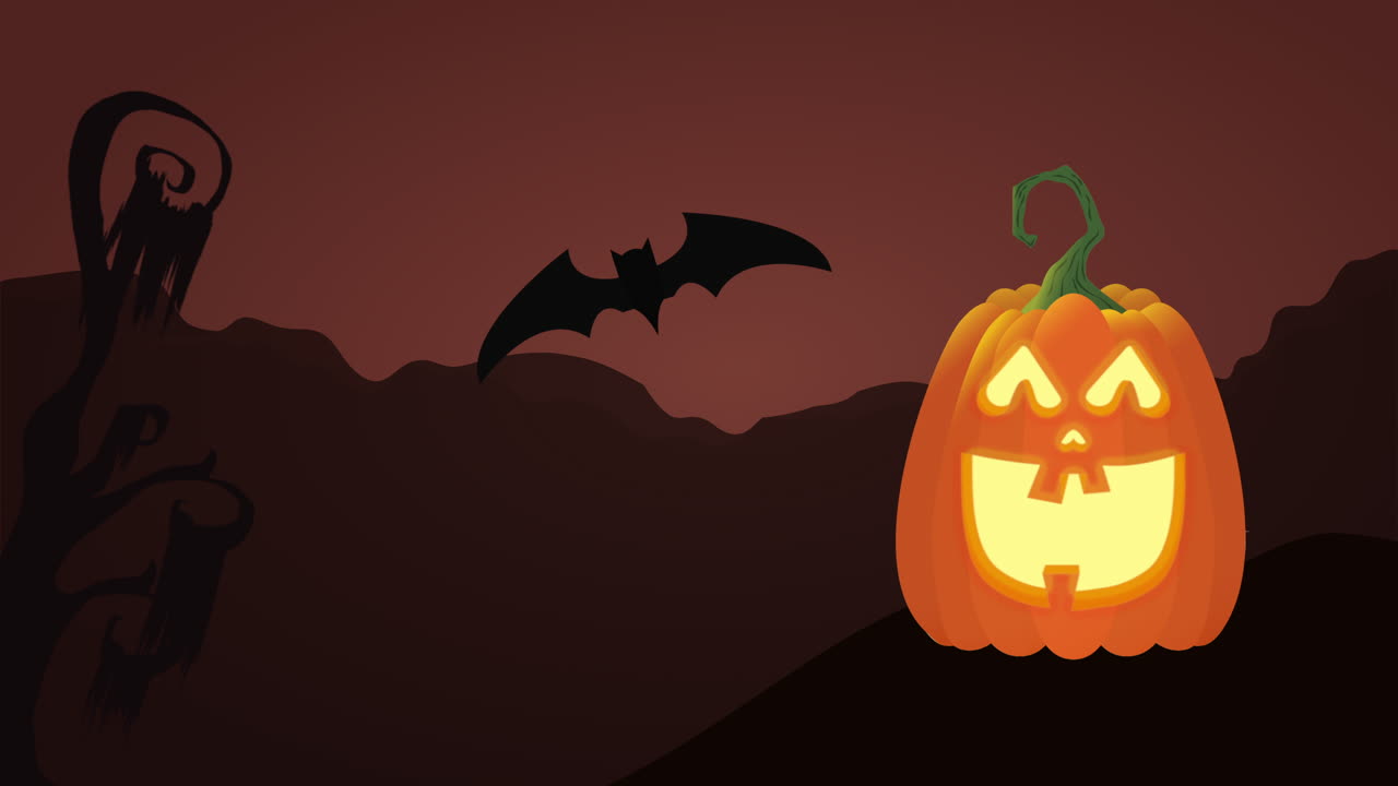 celebración de halloween con calabaza y murciélago volador, animación