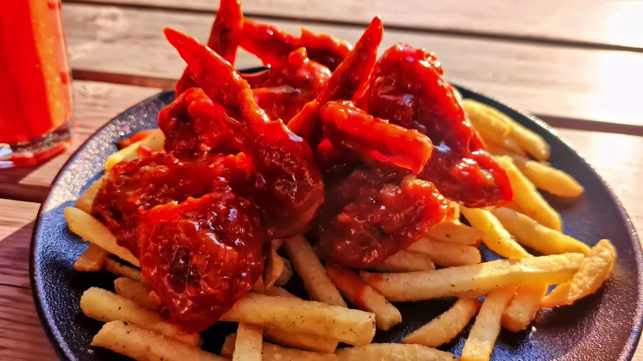 Primo piano di ali di pollo coperte di salsa barbecue, servite con patatine fritte. Cibo comfort salato impiattato all'aperto su un tavolo di legno con una bevanda rossa sotto la calda luce del sole.