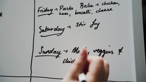 woman hand-writing weekly menu on white board with black marker in slow motion