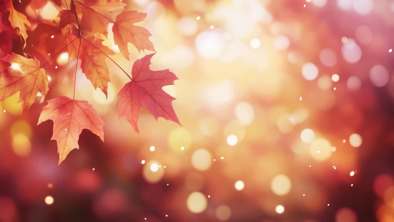 Autumn leaves in soft focus, captured from a low angle. Warm, glowing bokeh lights create a dreamy