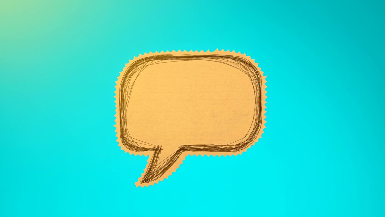 Animated speech bubble shape holds position over bright turquoise field, then fragments spread outward into separate pieces with beige tones and simple graphic arrangement during visible transition.