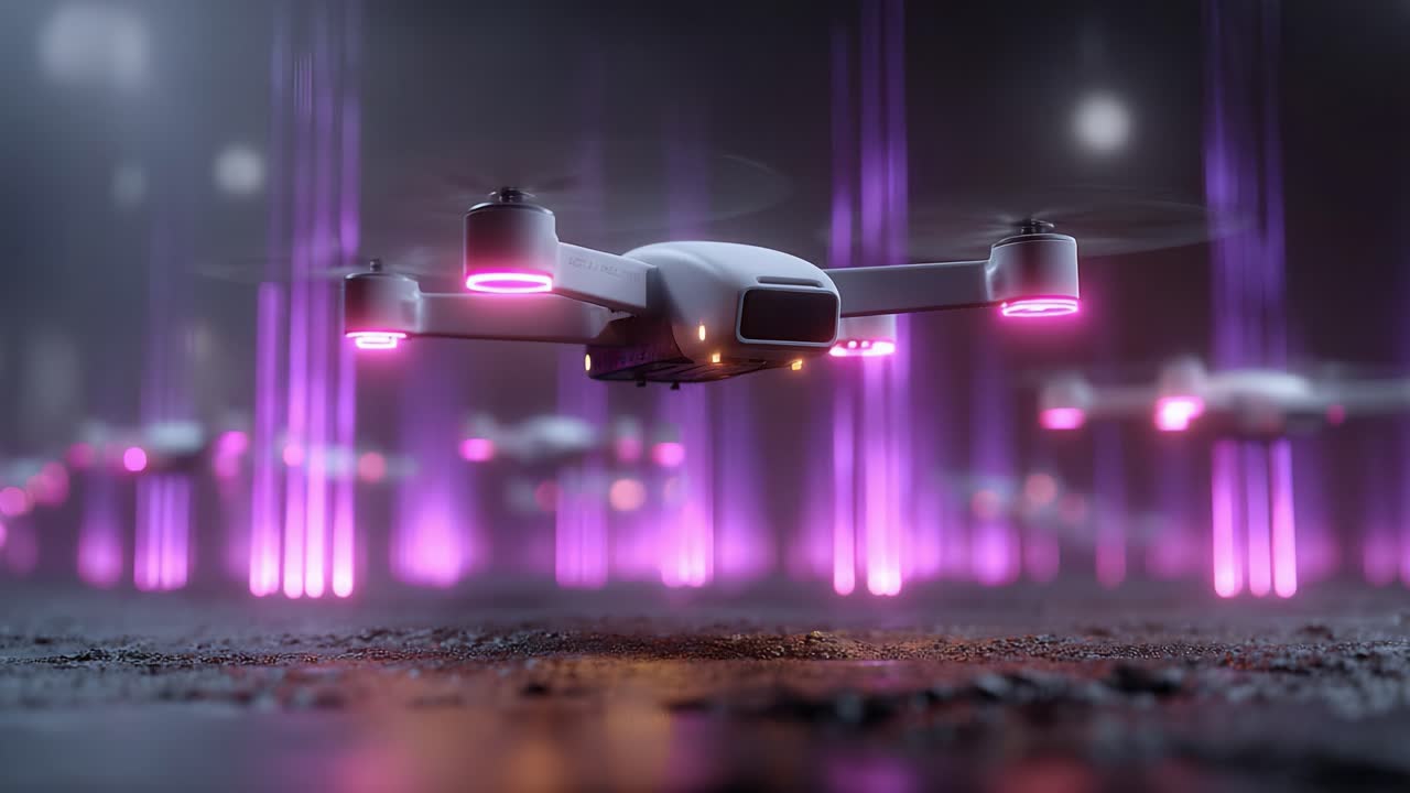 Aerial Innovations: Captivating Drone Technology Amidst a Hypnotic Display of Pink Neon Lights in a Futuristic Urban Landscape