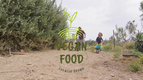 children walking on dirt path, vegan food locally grown animation over scene