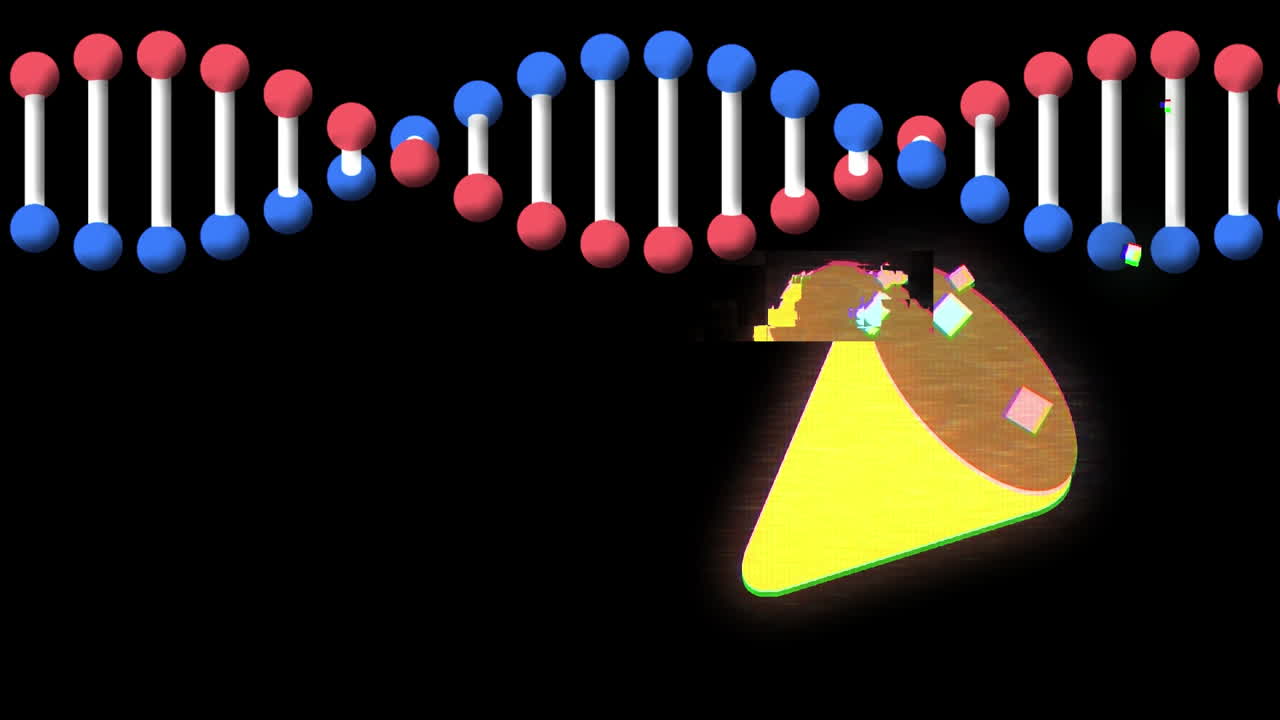 검은색 배경에 회전하는 dna 사슬 위에 콘티의 애니메이션