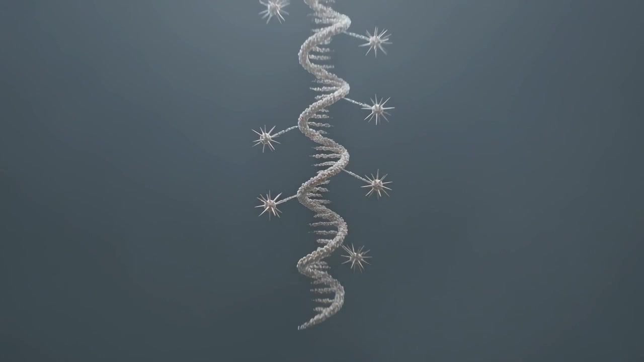 Camera pulling back, beaded double-helix drifting hanging from thin thread in studio showing spikes