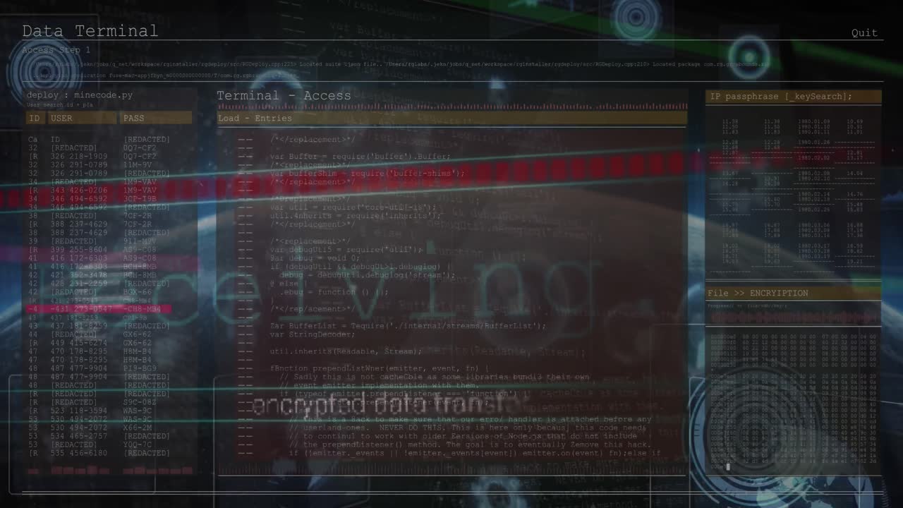 Animation of interface with data processing against round scanners over globe