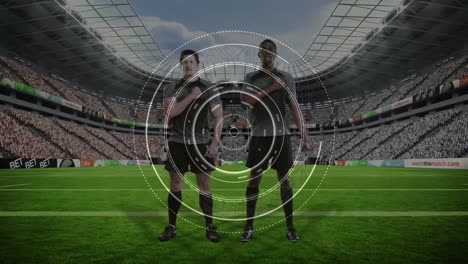animación del procesamiento de datos sobre diversos jugadores de rugby en el estadio