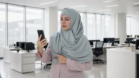 muslim businesswoman talking on video call