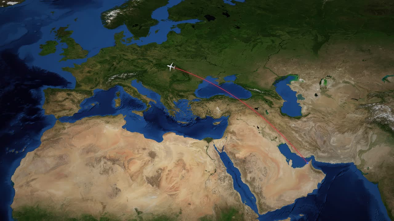 Icona di un aereo che viaggia lungo una linea rossa da Dubai a Londra su una mappa satellitare del mondo