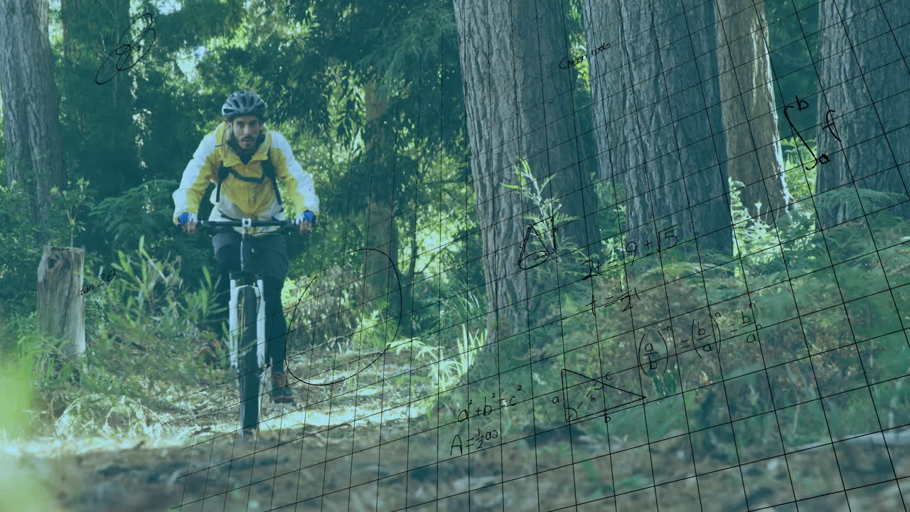 Male cyclist riding narrow forest trail, showcasing semi-transparent math grid overlay in education